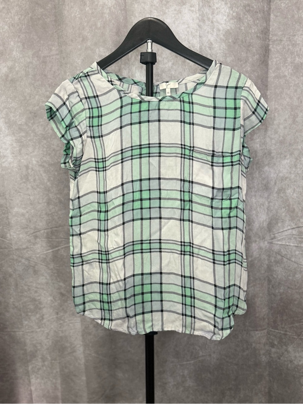 Joie Green and White Plaid Cap-Sleeve Blouse 100% Silk